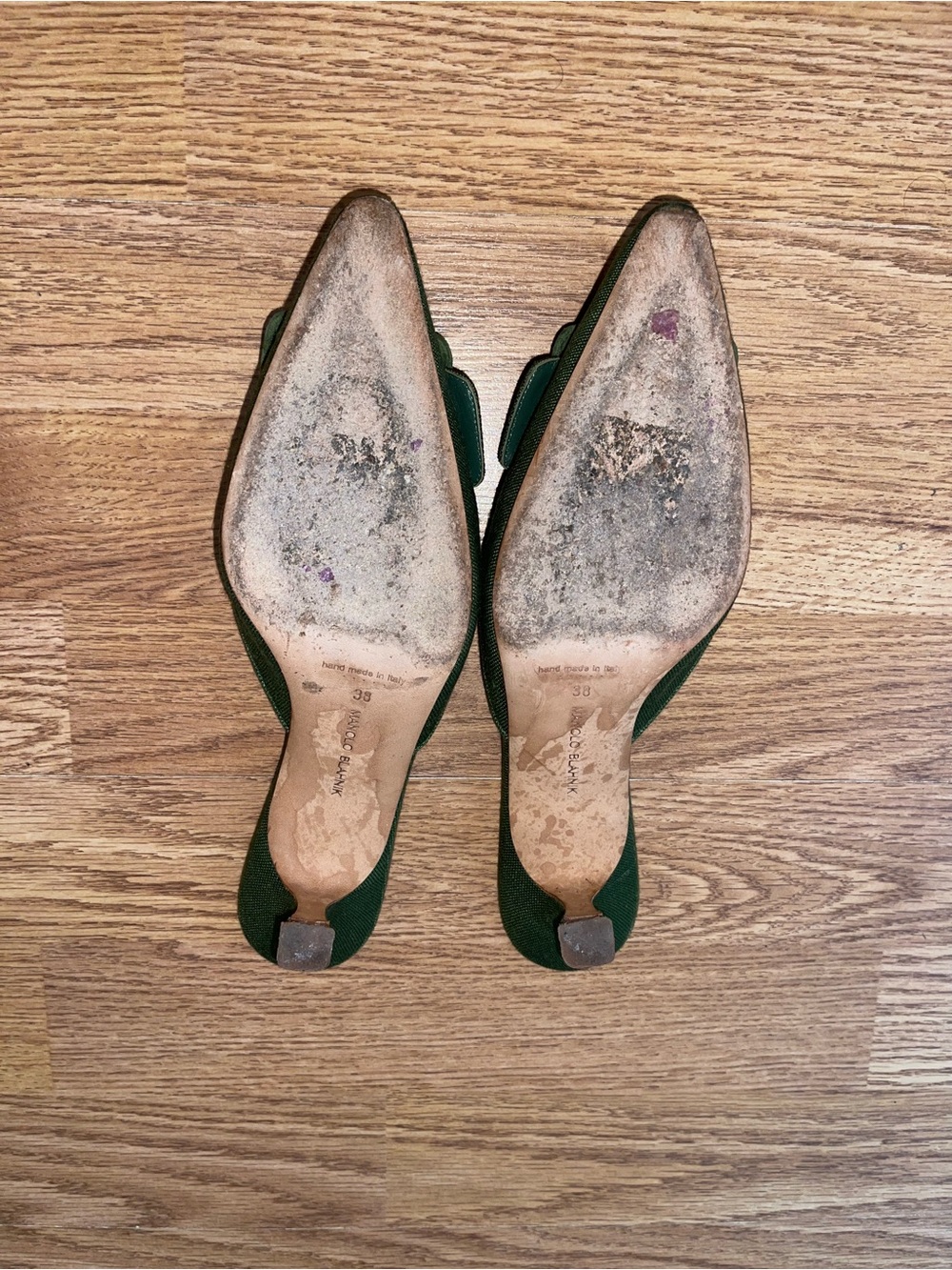 Manolo Blahnik Forest Green Square Buckle Pointed Toe Mules - Picture 2 of 6